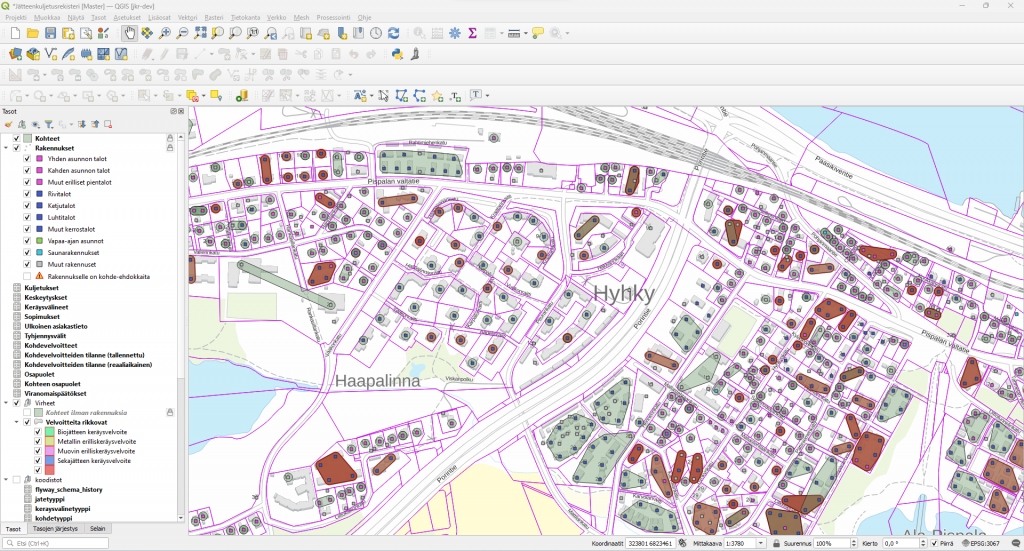 Jätteenkuljetusrekisterin karttanäkymä QGISissä